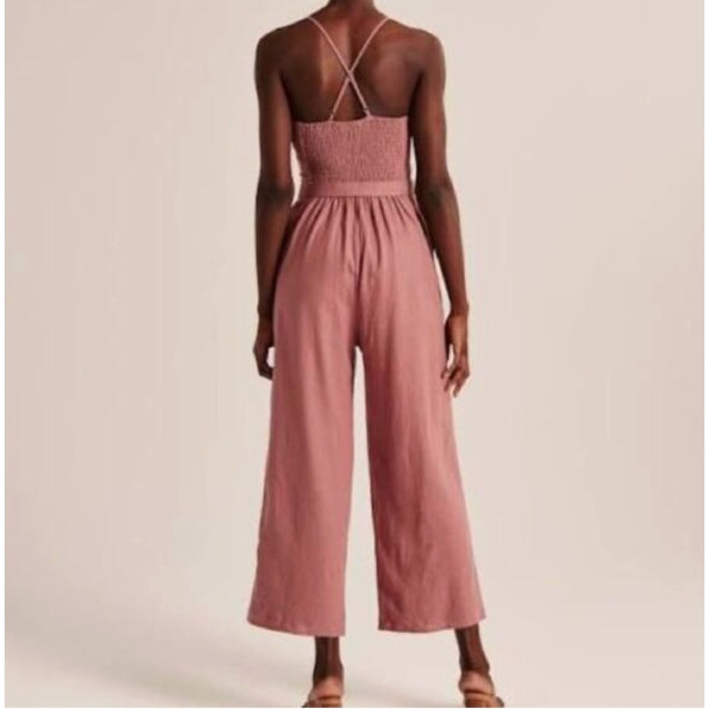 Abercrombie & Fitch Womens Medium Linen Blend Wide Leg Jumpsuit Mauve Tie Back - Picture 2 of 11